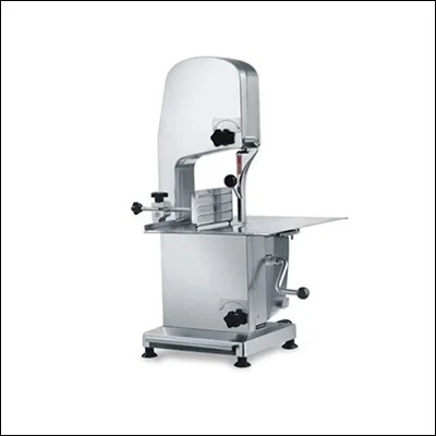 Stainless steel commercial bone saw machine with vertical band blade and work table - meat and bone cutting machine