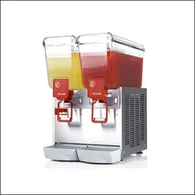 Double bowl refrigerated cold juice and beverage dispenser with transparent tanks and dispensing taps - commercial drink dispenser