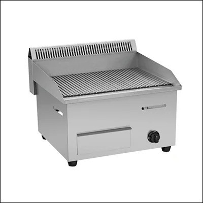 Stainless steel countertop gas grooved char griddle with ribbed steel plate, splash guard and burner control - commercial char grill plate