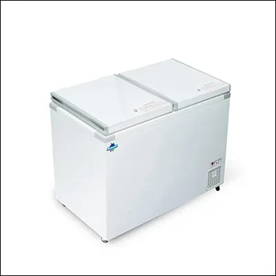 White chest freezer with two hinged hard top lids for bulk frozen storage - commercial double lid deep freezer