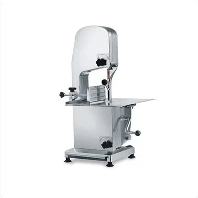 Stainless steel commercial bone saw machine with vertical band blade and work table - meat and bone cutting machine