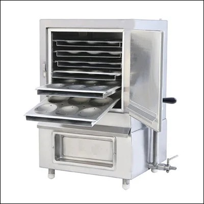 Stainless steel commercial steam cooking cabinet with multiple pull-out perforated trays and hinged door - idli and bulk steamer