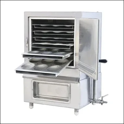 Stainless steel commercial steam cooking cabinet with multiple pull-out perforated trays and hinged door - idli and bulk steamer