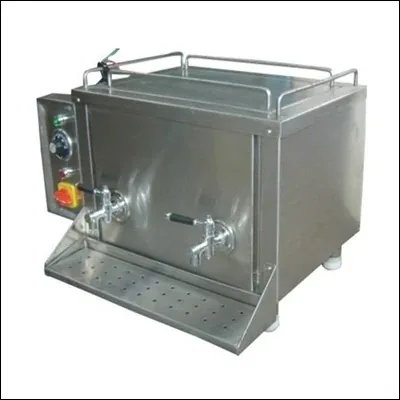 Stainless steel bulk tea and milk boiler with twin dispensing taps, control panel and perforated drip tray - commercial beverage boiler