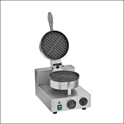 Stainless steel single round Belgian waffle maker with rotating cast plates and timer controls - commercial waffle iron