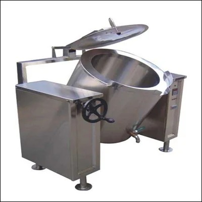 Stainless steel tilting steam jacketed kettle with hand wheel tilting mechanism and hinged lid - commercial bulk cooking kettle