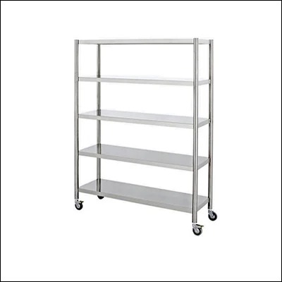 Stainless steel five tier mobile storage rack with solid shelves on four castors - commercial kitchen storage shelving on wheels