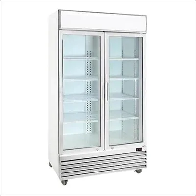 Upright double glass door display cooler with illuminated canopy and wire shelves for chilled drinks - commercial beverage merchandiser