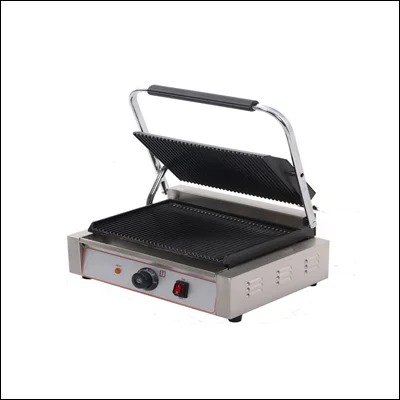 Stainless steel single panini contact grill with ribbed cast iron plates and floating hinged lid - commercial sandwich press