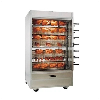 Stainless steel gas chicken rotisserie grill machine with multiple rotating spits and glass front - commercial cooking equipment