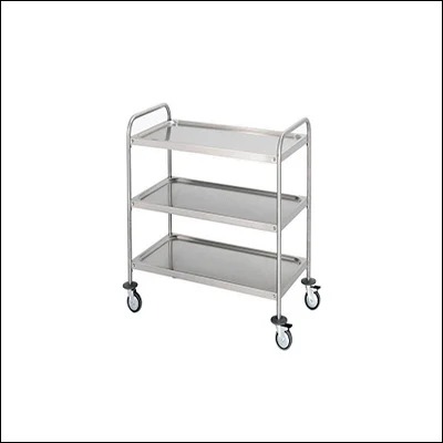 Stainless steel three tier service trolley with raised lip shelves, push handle and four castors - commercial utility serving cart