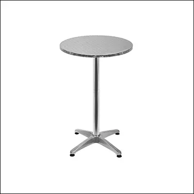 Round aluminium high bar cocktail table with brushed steel top and four-prong cross base - mobile event and reception table