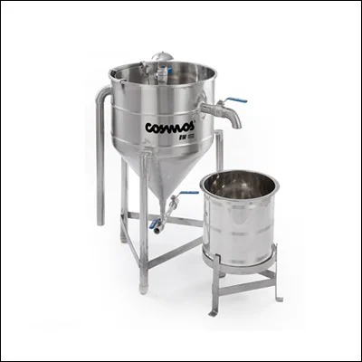 Stainless steel rice and pulse washer with conical tank and drain valve on stand - commercial dal and rice washing machine