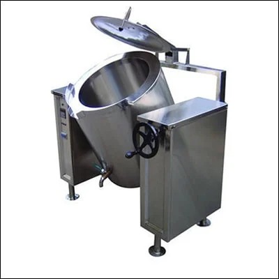 Stainless steel manual tilting boiling pan with hand wheel tilt mechanism and hinged lid - commercial cooking equipment