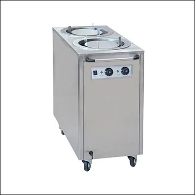Stainless steel double stack mobile plate warmer dispenser with twin spring-loaded tubes and castors - commercial heated plate dispenser