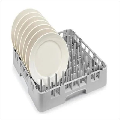 Plastic open dishwasher rack holding plates upright on edge for commercial dishwashers - plate wash rack