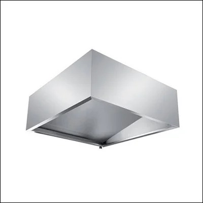 Stainless steel pyramid island exhaust canopy hood suspended over a central cooking island - commercial kitchen ventilation canopy