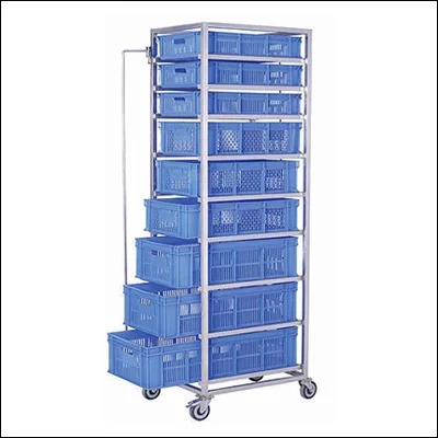 Stainless steel crate carrier trolley with multiple tray-slide levels holding stacked plastic crates on castors - commercial crate transport rack