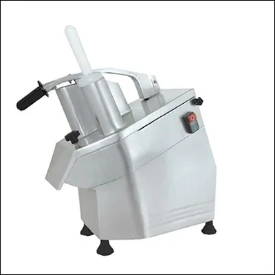 Stainless steel commercial vegetable cutter machine with feed hopper, pusher and interchangeable cutting discs - bench top veg prep machine