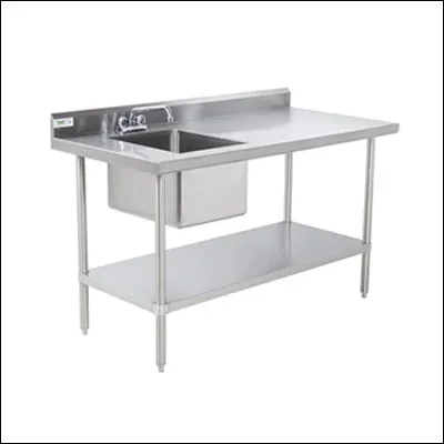 Stainless steel work table with integrated sink bowl, faucet, splashback and undershelf - commercial prep table