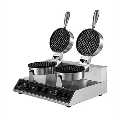 Stainless steel double round Belgian waffle maker with twin rotating non-stick plates and multiple dial controls - commercial waffle iron
