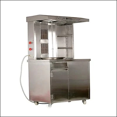 Stainless steel shawarma counter machine with overhead display shelf, ceramic burners and storage cabinet on wheels - commercial cooking equipment