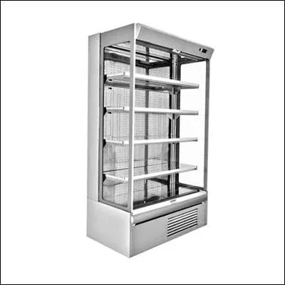 Stainless steel open display multideck chiller with illuminated tiered shelves for grab-and-go merchandising - commercial open chiller