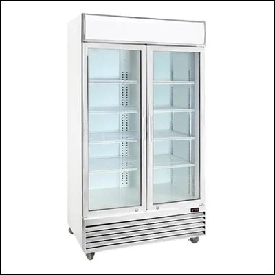 Upright double glass door display cooler with illuminated canopy and wire shelves for chilled drinks - commercial beverage merchandiser