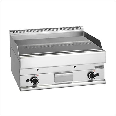 Stainless steel countertop gas flat top griddle with smooth steel plate, grease channel and dual burner controls - commercial hot plate