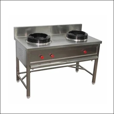 Stainless steel two burner Chinese cooking range with high-pressure wok burners and backsplash - commercial cooking equipment