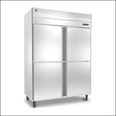 Stainless steel upright reach-in refrigerator with four half doors for commercial kitchens - large vertical storage chiller