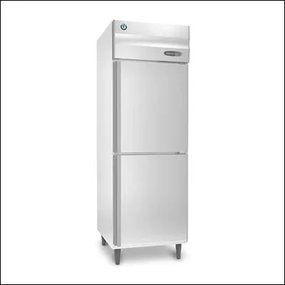 Stainless steel upright reach-in refrigerator with two half doors for commercial kitchens - vertical storage chiller
