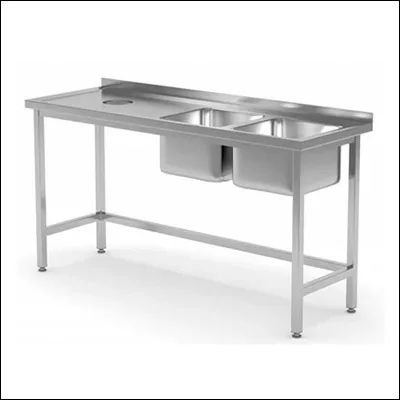 Stainless steel work table with two sink bowls, waste collection hole and splashback - commercial prep and wash table