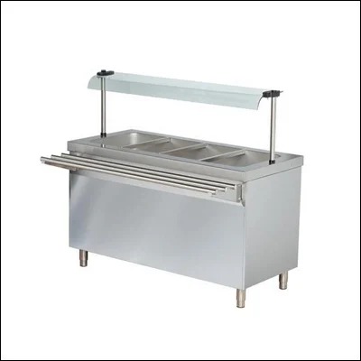 Stainless steel bain marie hot food service counter with overhead glass sneeze guard, tray slide and enclosed cabinet base - commercial buffet serving counter