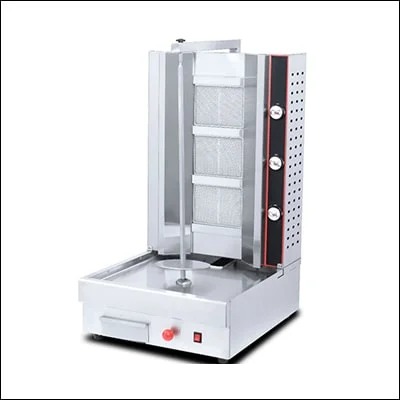 Stainless steel vertical gas shawarma grill machine with rotating spit and ceramic burners - commercial cooking equipment