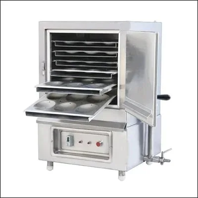 Stainless steel commercial idli steamer cabinet with multiple pull-out trays and hinged door - commercial cooking equipment