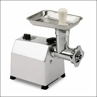 Stainless steel benchtop electric meat mincer with feed tray, pusher and cutting plate - commercial meat grinding machine