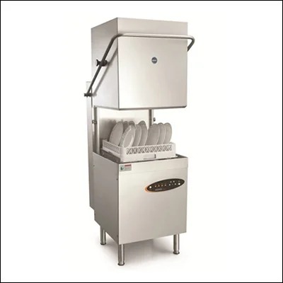 Stainless steel hood-type pass through dishwasher with lift-up hood loaded with plates - commercial pass through dishwasher