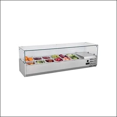Stainless steel countertop refrigerated topping display with glass canopy and gastronorm pans - commercial garnish rail chiller