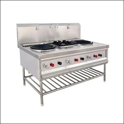 Stainless steel Chinese wok cooking range with deep wok wells and built-in water taps - commercial cooking equipment