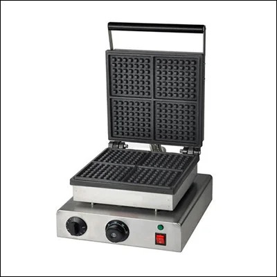 Stainless steel square Belgian waffle maker with four-square non-stick plates and dial controls - commercial waffle iron