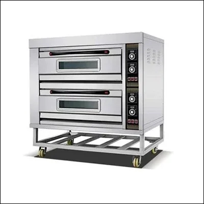 Stainless steel double deck gas baking oven with two glass viewing windows, digital controls and a tubular stand with castor wheels - commercial bakery deck oven