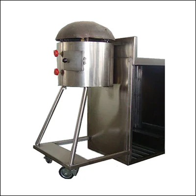 Stainless steel mobile drum roaster machine with domed lid and tilting frame on a castor trolley - commercial roasting unit