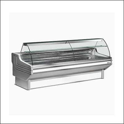 Stainless steel serve-over deli display counter with curved glass front and refrigerated display deck - commercial deli showcase