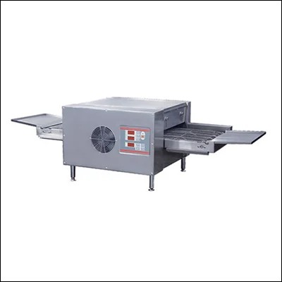Stainless steel conveyor pizza oven with moving belt, digital controls and adjustable feed trays - commercial continuous baking oven