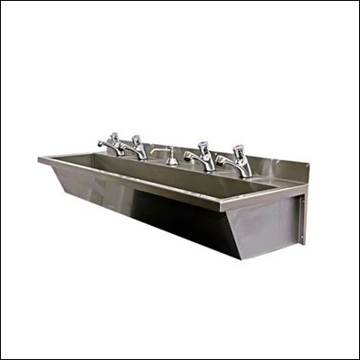 Wall-mounted stainless steel multi-station trough wash basin with multiple pillar taps - commercial hand wash unit