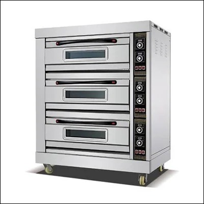 Stainless steel triple deck gas baking oven with three glass viewing windows, digital controls and castor wheels - commercial bakery deck oven