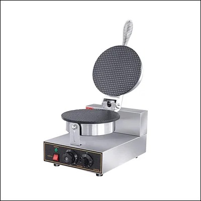 Stainless steel single ice cream cone waffle maker with round non-stick plate and dial controls - commercial cone baking iron