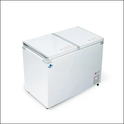 White chest freezer with two hinged hard top lids for bulk frozen storage - commercial double lid deep freezer