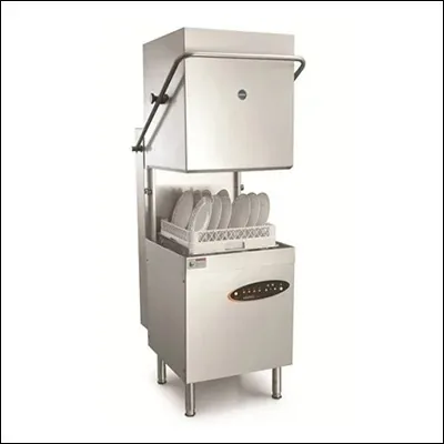 Stainless steel hood-type pass through dishwasher with lift-up hood loaded with plates - commercial pass through dishwasher